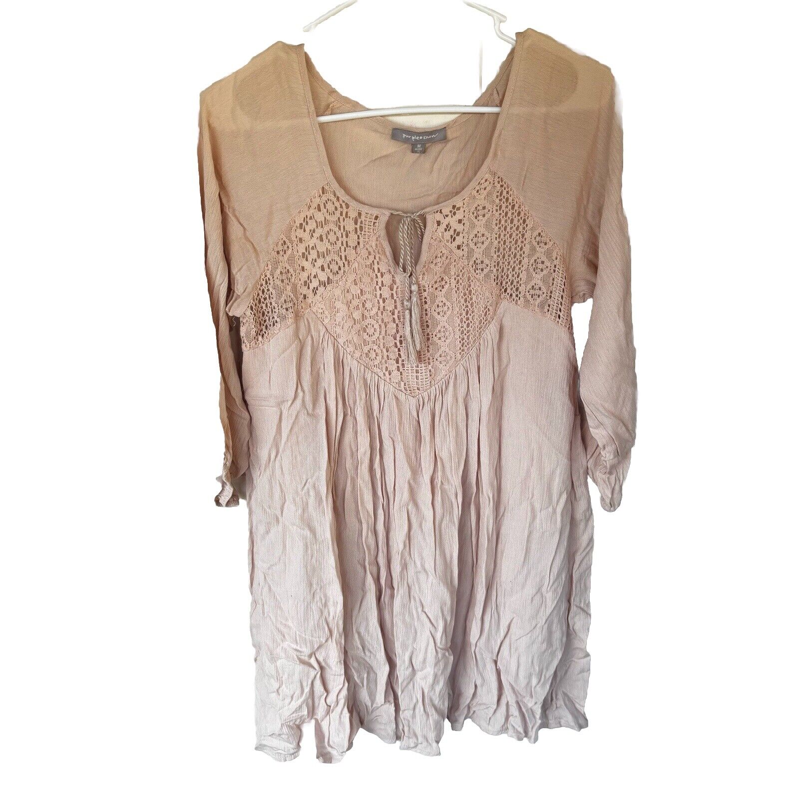 Purple Snow Blouse Sz M Nude Blush Lace W/ Crochet Detail Tie Front 3/4 Sleeve